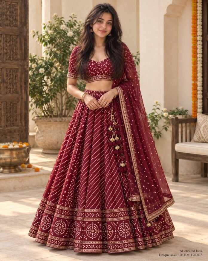 AI-created Maya styling inspiration: Veedhrumi maroon Bandhani-Leheriya Navratri lehenga choli
