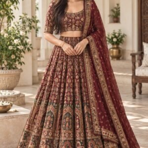 AI-created Maya styling inspiration: Rajwadi semi-stitched printed lehenga choli