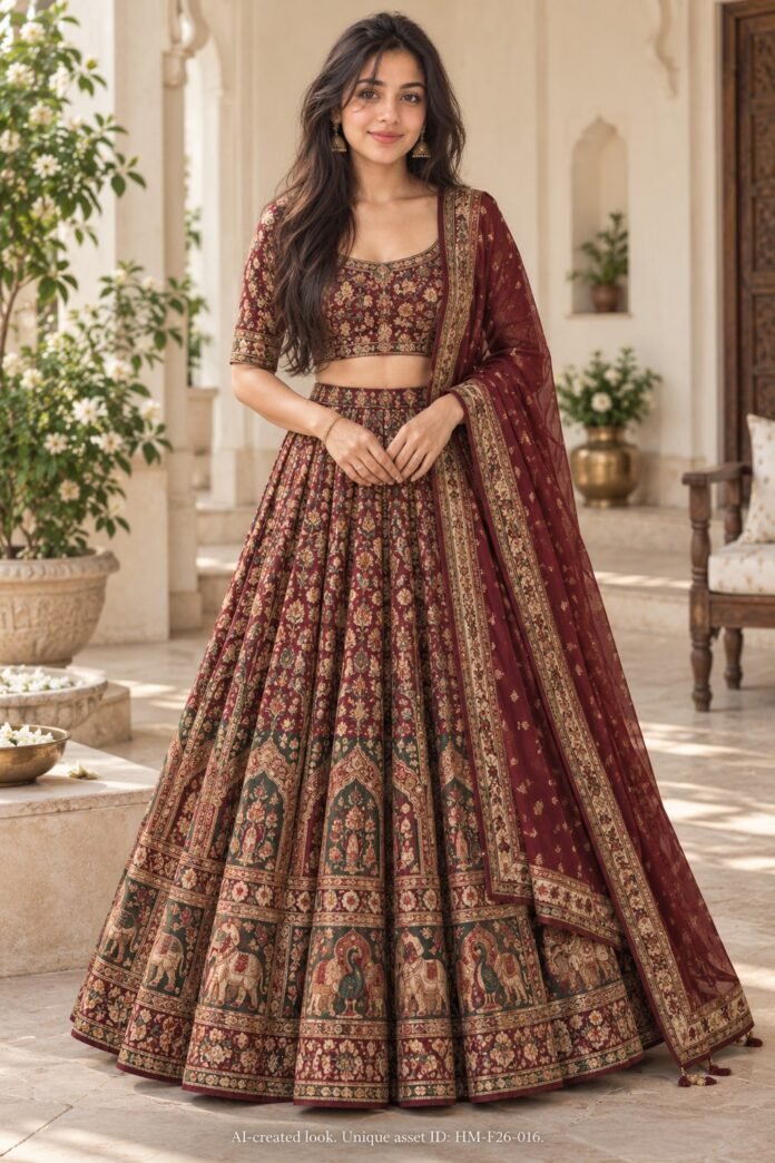 AI-created Maya styling inspiration: Rajwadi semi-stitched printed lehenga choli