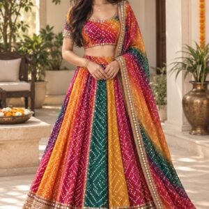 AI-created Maya styling inspiration: Bandhani satin festive lehenga (generic 'Lahenga')