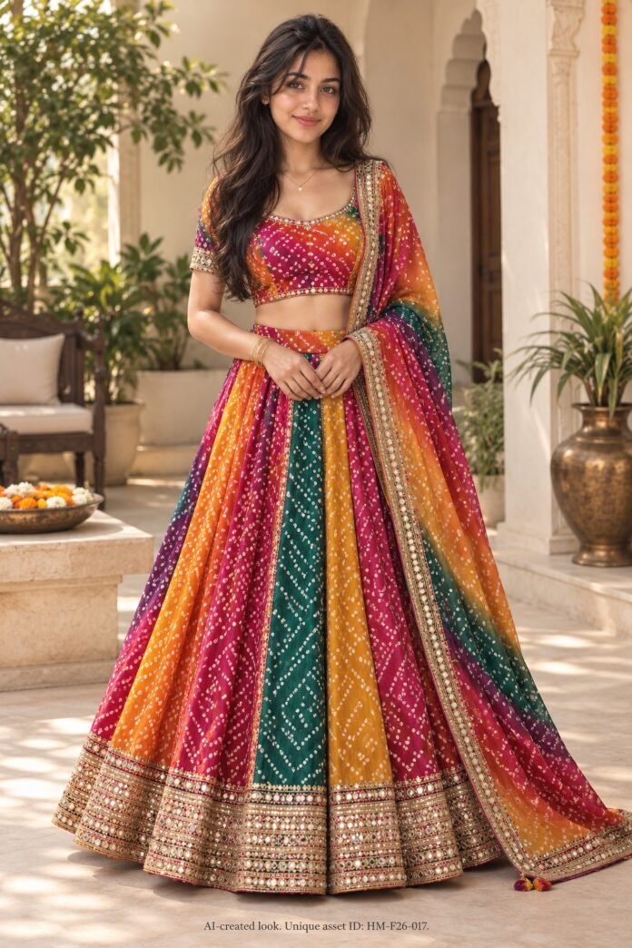 AI-created Maya styling inspiration: Bandhani satin festive lehenga (generic 'Lahenga')