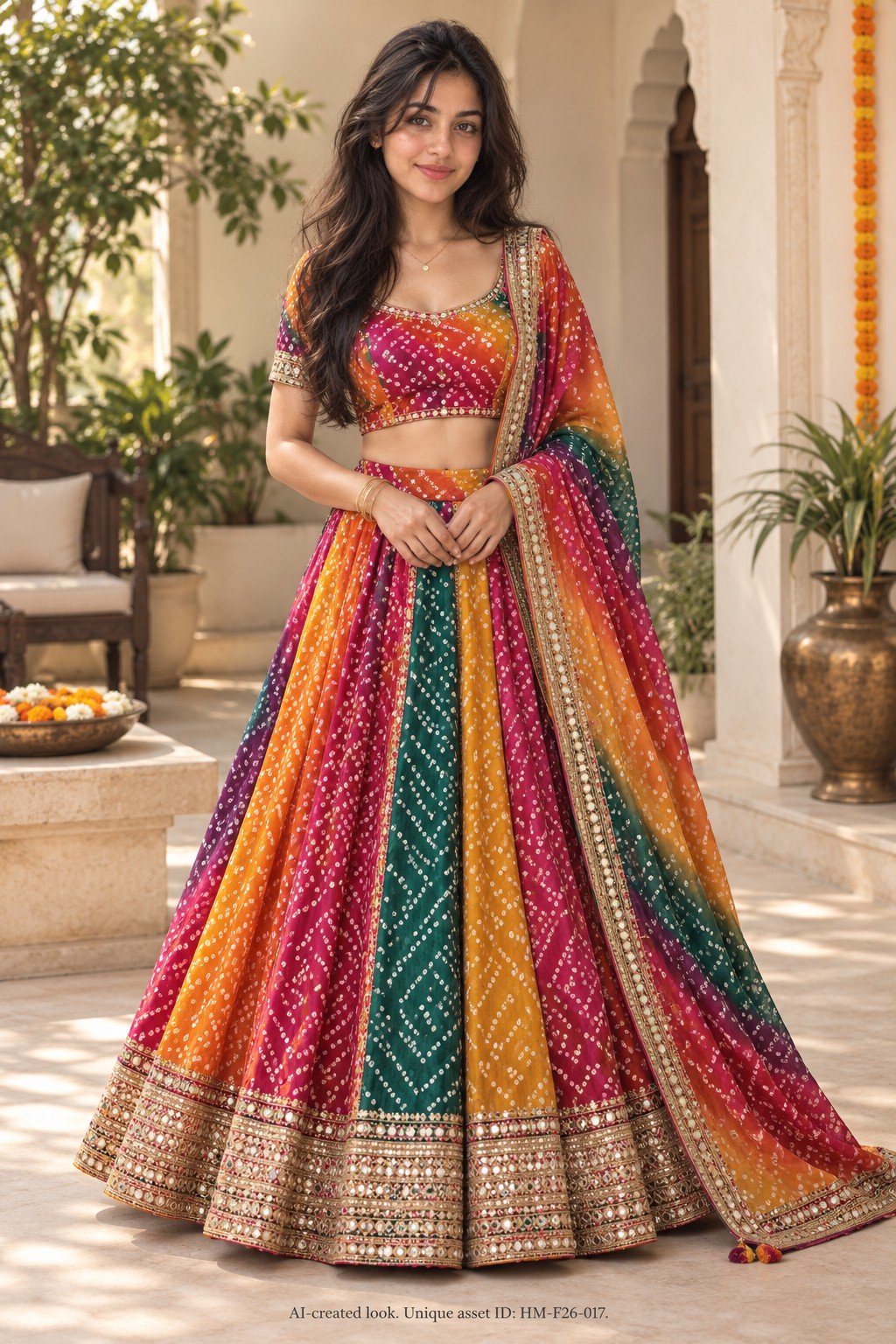 AI-created Maya styling inspiration: Bandhani satin festive lehenga (generic 'Lahenga')