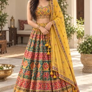 AI-created Maya styling inspiration: Patola-style yellow/multicolour semi-stitched lehenga