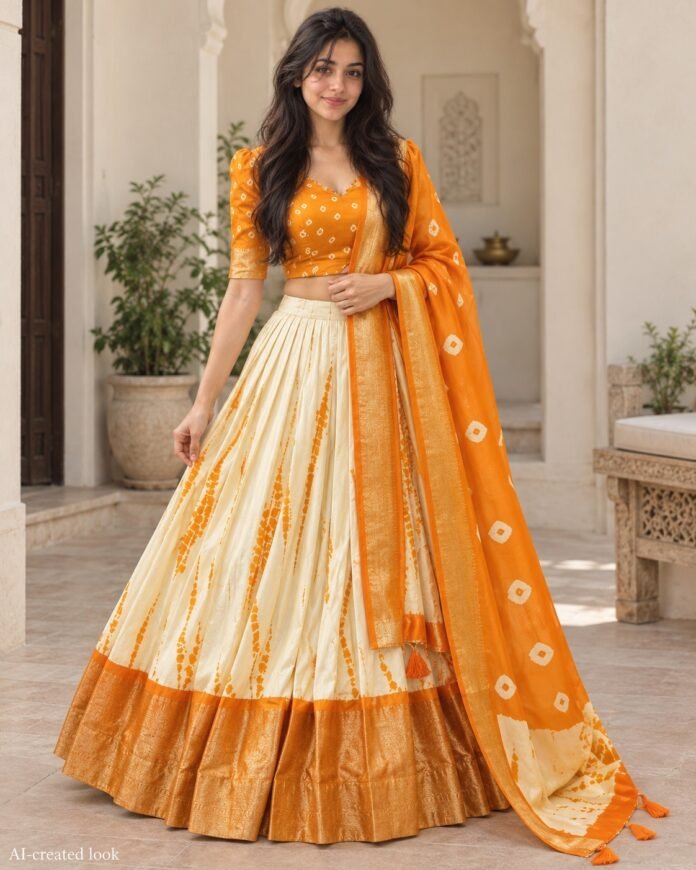 AI-created Maya main view: Cream/gold lehenga skirt, orange blouse and orange dupatta; preserve the actual small motifs, sleeve length, waist and border, not a multicolour Patola-style skirt