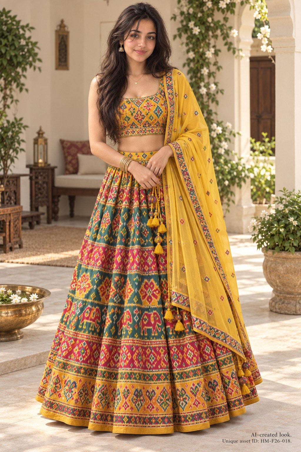 AI-created Maya styling inspiration: Patola-style yellow/multicolour semi-stitched lehenga