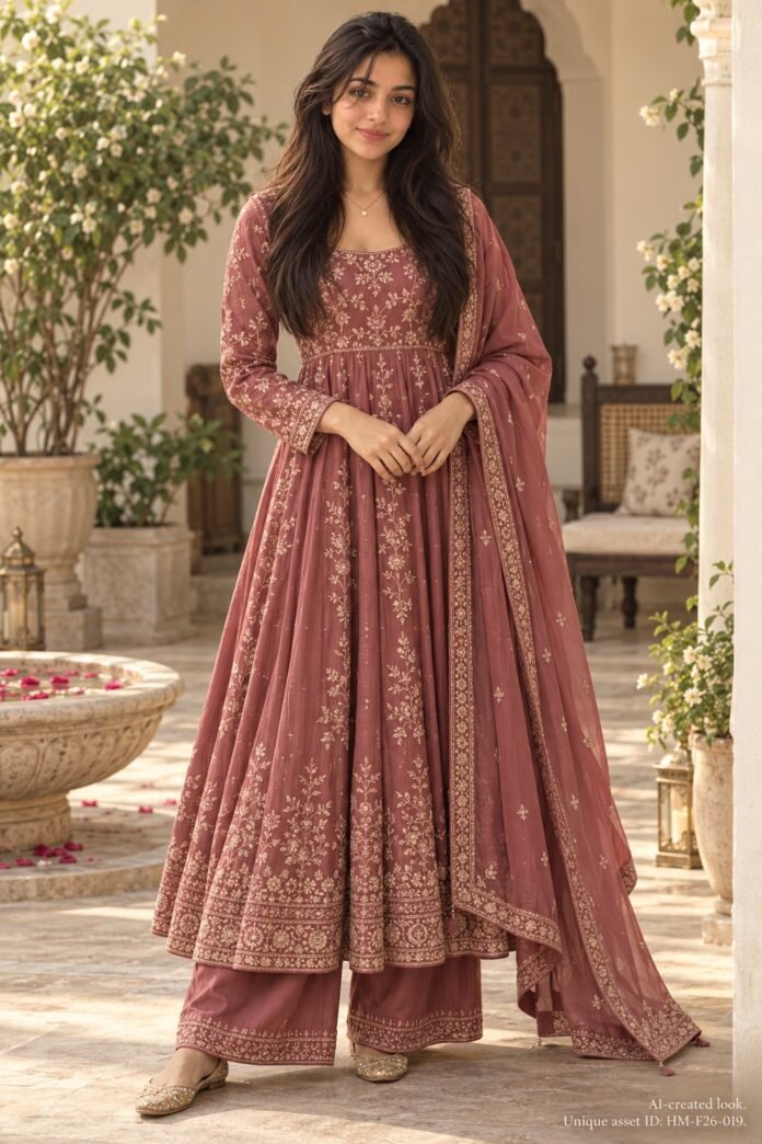 AI-created Maya styling inspiration: Embroidered Anarkali kurta pant with dupatta