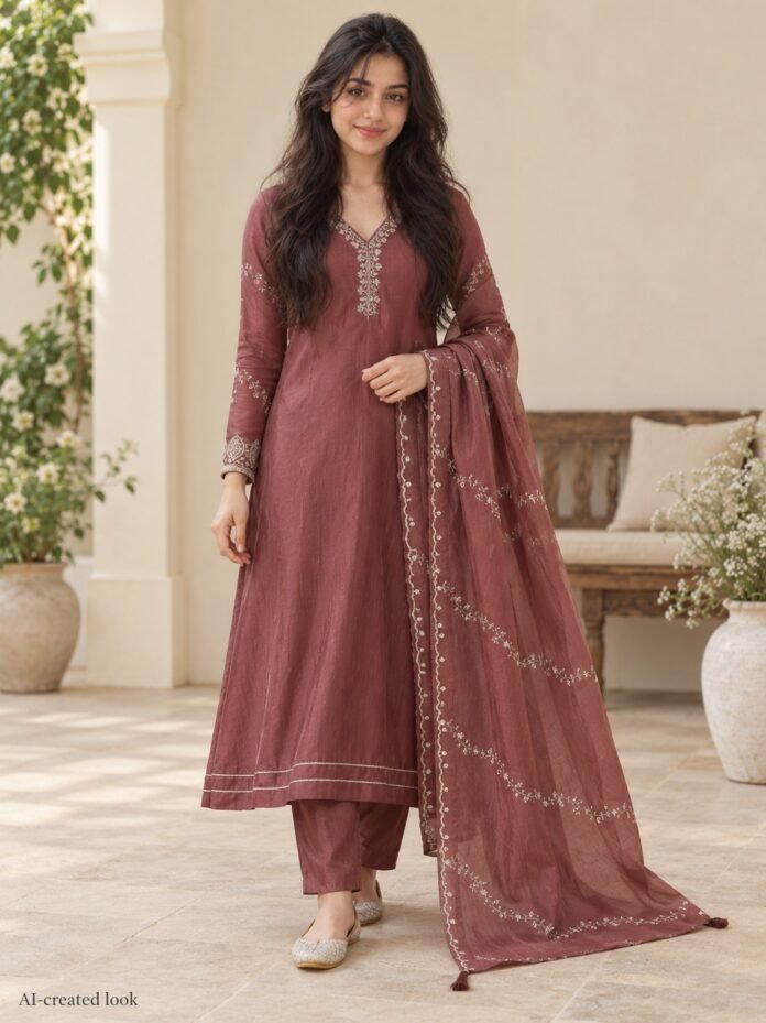 AI-created Maya main view: Relatively plain maroon suit, exact neckline and narrow hem/sleeve trims with matching trousers and dupatta