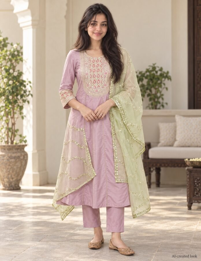 AI-created Maya main view: Observed lilac calf-length A-line kurta and trousers with fine neckline/front embroidery, plus the contrasting pale-green scalloped dupatta
