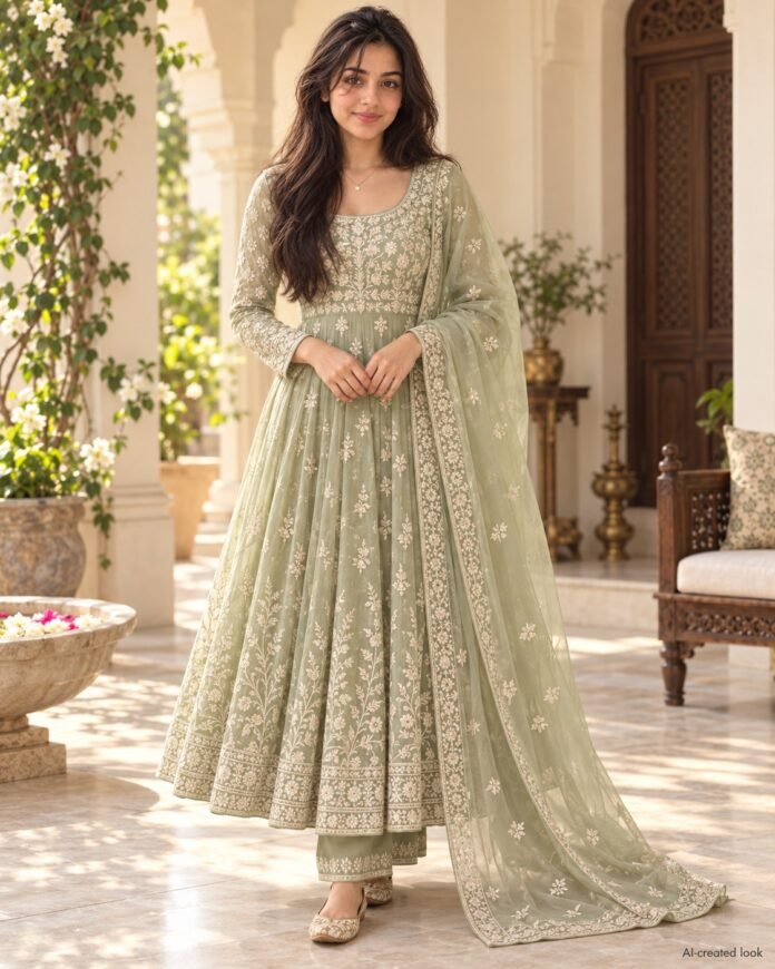 AI-created Maya styling inspiration: Amazon Brand Myx A-line embroidered Anarkali suit with organza dupatta