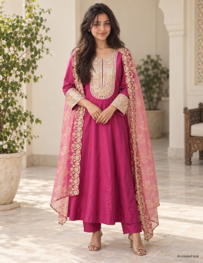 AI-created Maya main view: Observed Rani-pink straight kurta-pant set, large cream/gold front neckline panel and printed/embroidered contrasting dupatta as pictured
