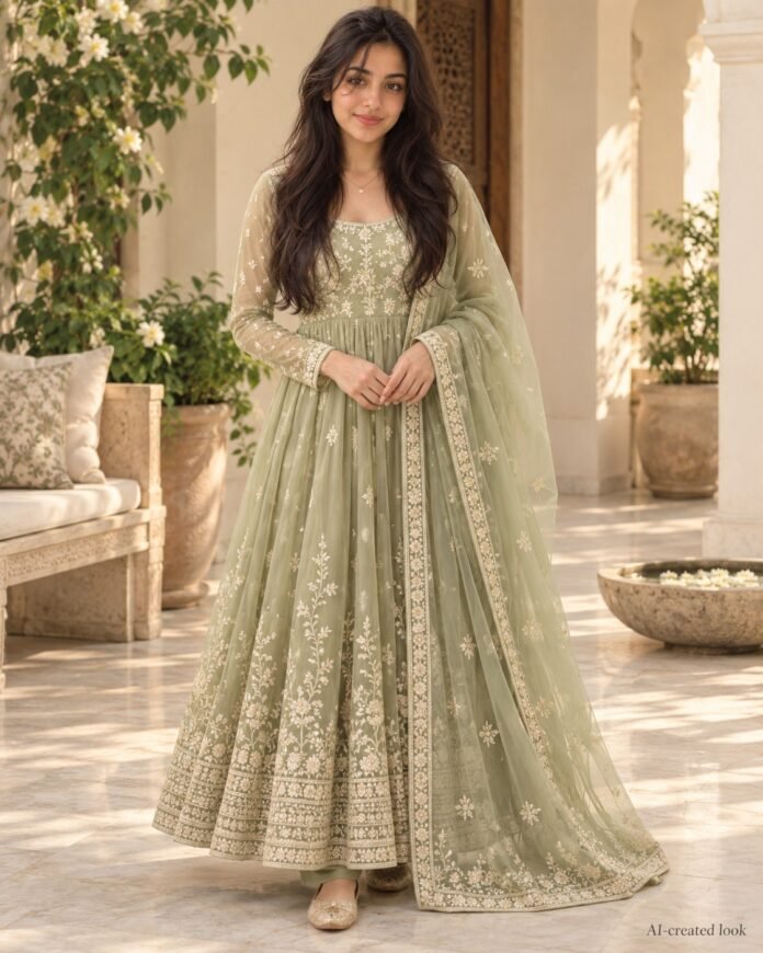 AI-created Maya styling inspiration: Amazon Brand Myx embroidered Anarkali with organza dupatta