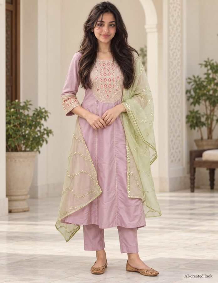 AI-created Maya main view: Observed lilac calf-length A-line kurta-pant set with the contrasting pale-green dupatta and actual embroidery design