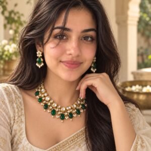 AI-created Maya styling inspiration: Green kundan and pearl necklace with earrings