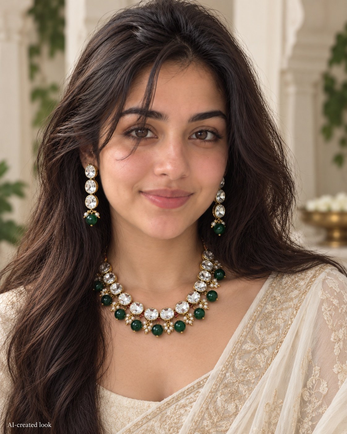 AI-created Maya detail view: Necklace and matching earrings made of large clear oval stone settings with round green bead drops