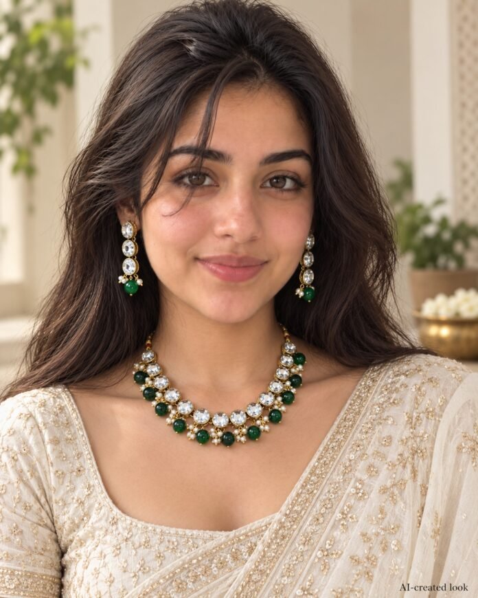 AI-created Maya main view: Necklace and matching earrings made of large clear oval stone settings with round green bead drops