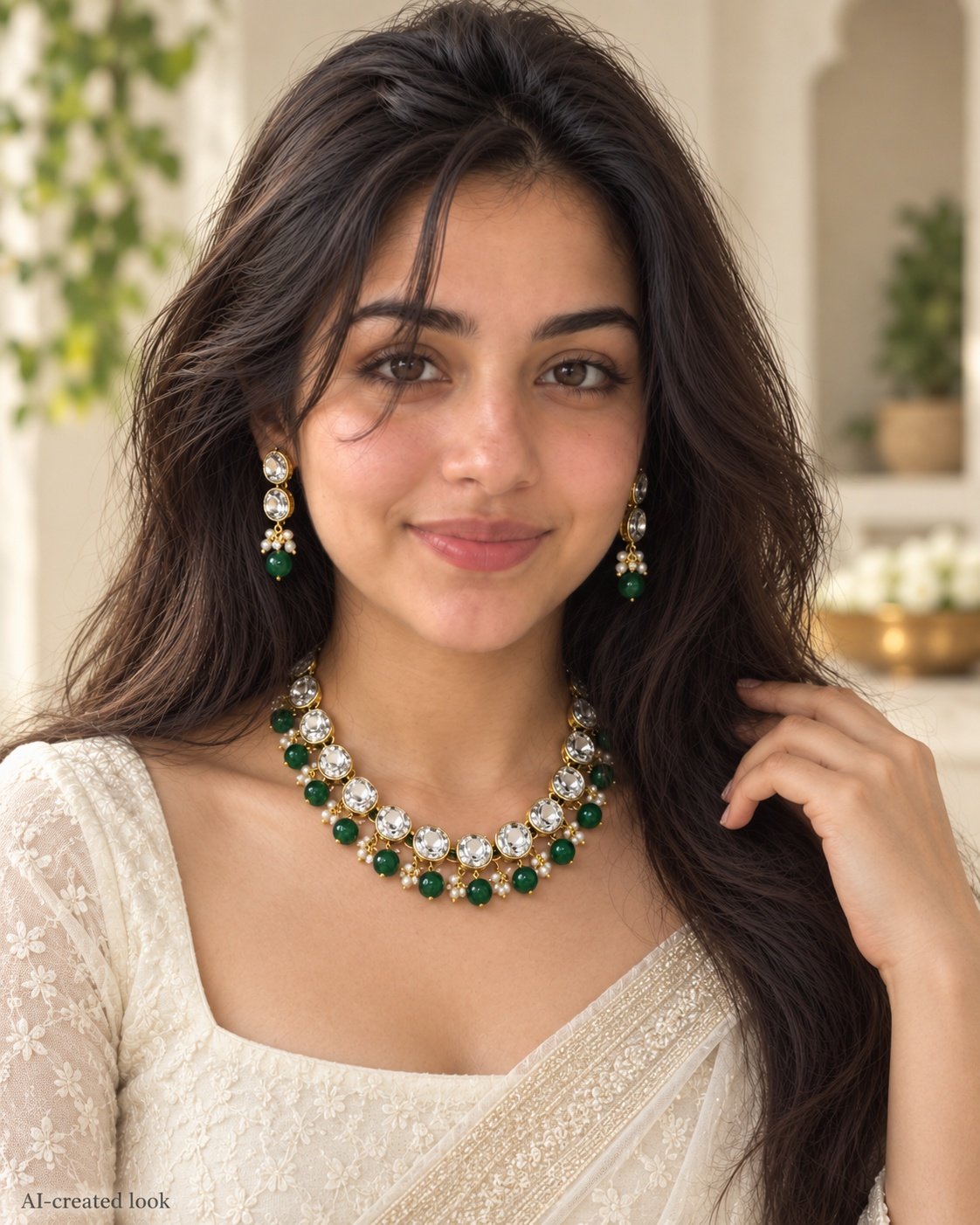 AI-created Maya showcase view: Necklace and matching earrings made of large clear oval stone settings with round green bead drops