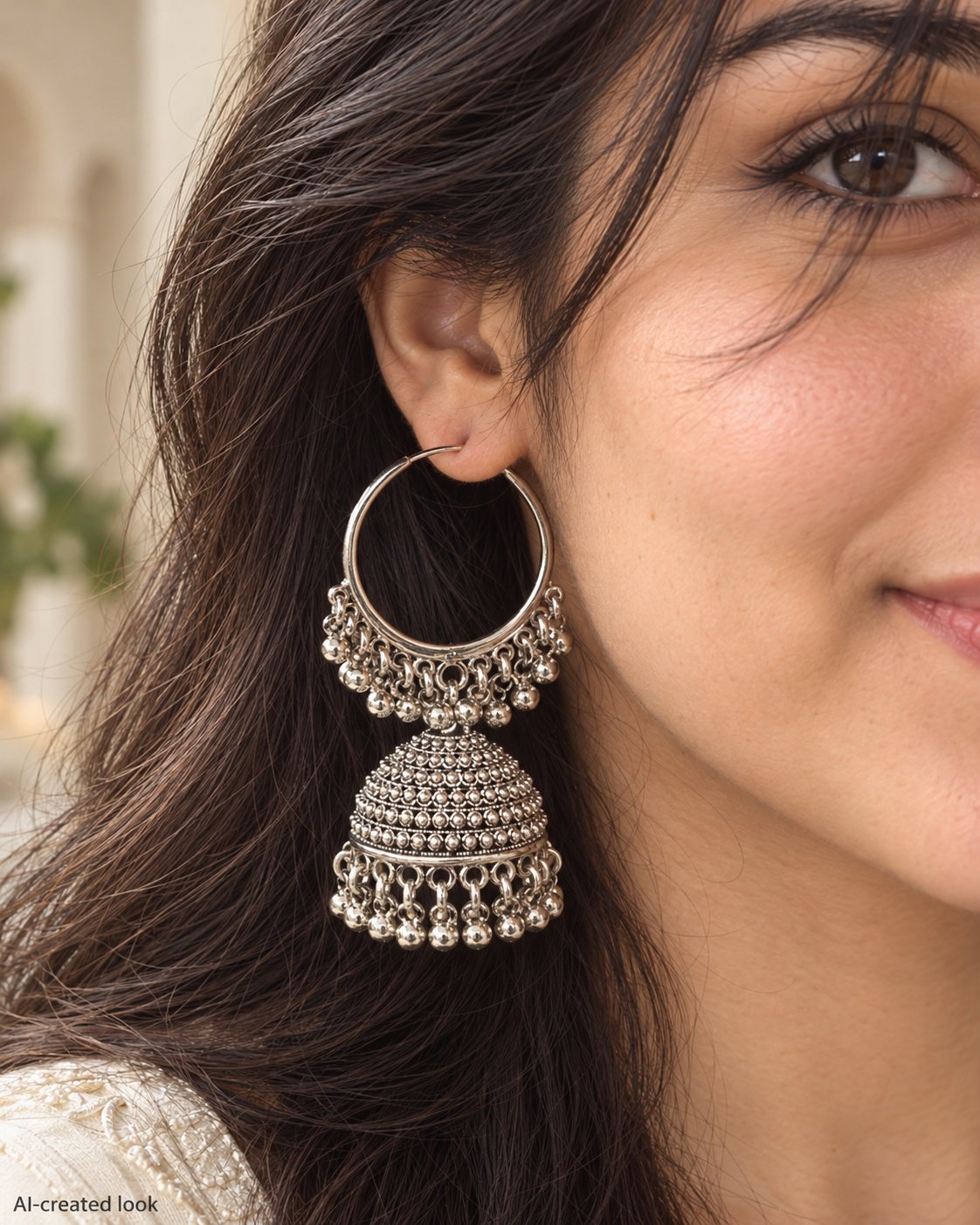 AI-created Maya detail view: Silver Bahubali earrings with very large open hoop/chain structures above tiered bell-shaped jhumkas, ornate bead rows and fringes