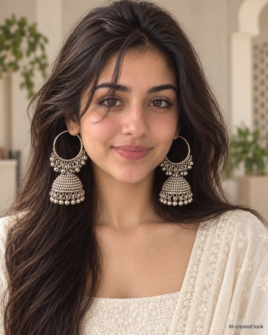 AI-created Maya main view: Silver Bahubali earrings with very large open hoop/chain structures above tiered bell-shaped jhumkas, ornate bead rows and fringes