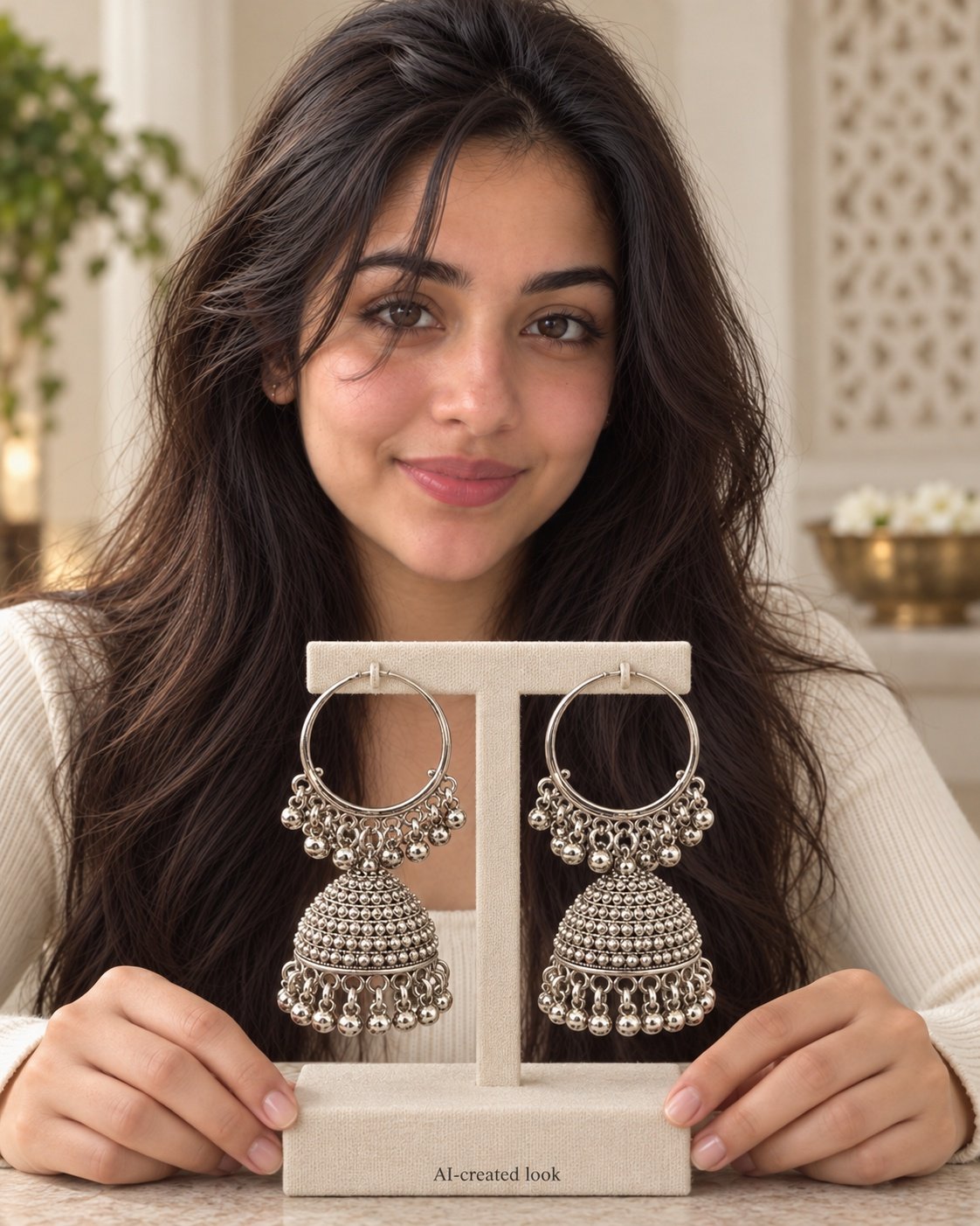 AI-created Maya showcase view: Silver Bahubali earrings with very large open hoop/chain structures above tiered bell-shaped jhumkas, ornate bead rows and fringes
