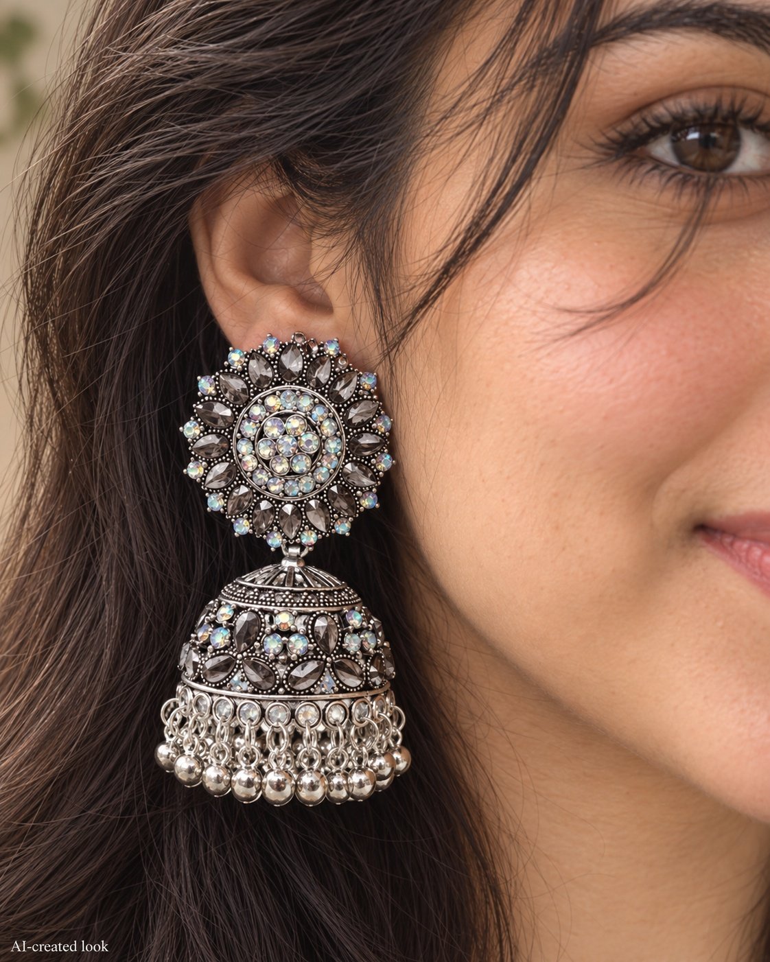 AI-created Maya detail view: Silver-tone earrings with large circular floral rhinestone tops, wide segmented embellished domes and the exact dangling crystal fringe