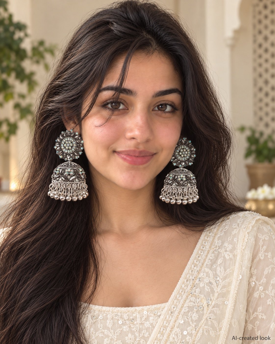 AI-created Maya main view: Silver-tone earrings with large circular floral rhinestone tops, wide segmented embellished domes and the exact dangling crystal fringe
