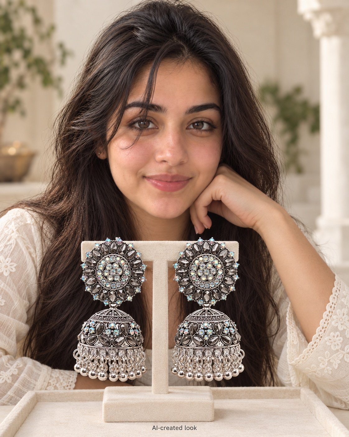AI-created Maya showcase view: Silver-tone earrings with large circular floral rhinestone tops, wide segmented embellished domes and the exact dangling crystal fringe