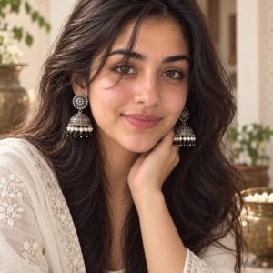 AI-created Maya styling inspiration: Oxidised pearl and black-beaded jhumka pack of 2