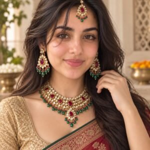 AI-created Maya styling inspiration: Red green gold-plated kundan-style set