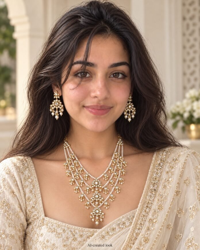AI-created Maya main view: Long multi-strand pearl necklace with spaced floral kundan pendants and matching long earrings