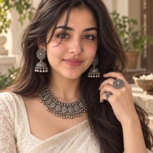 AI-created Maya styling inspiration: YouBella oxidised jewellery set with earrings, rings and nose clip