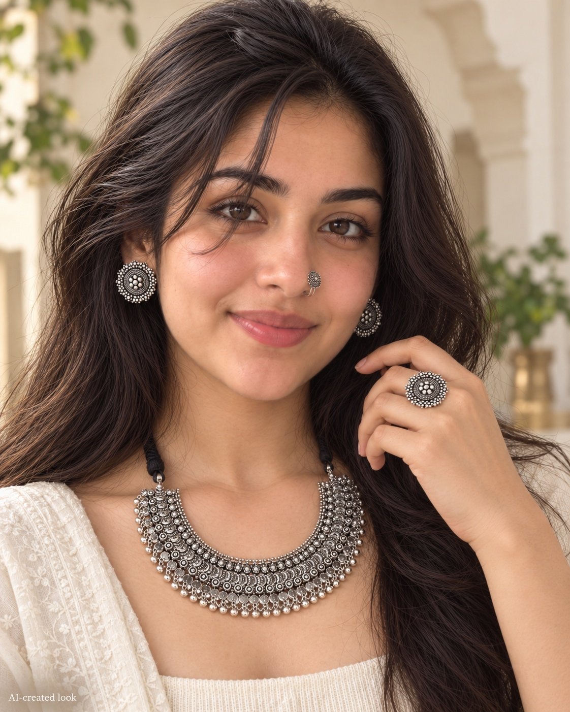 AI-created Maya detail view: Silver oxidised crescent-shaped necklace with the exact circular floral plate pattern, matching circular stud earrings, ring and nose clip