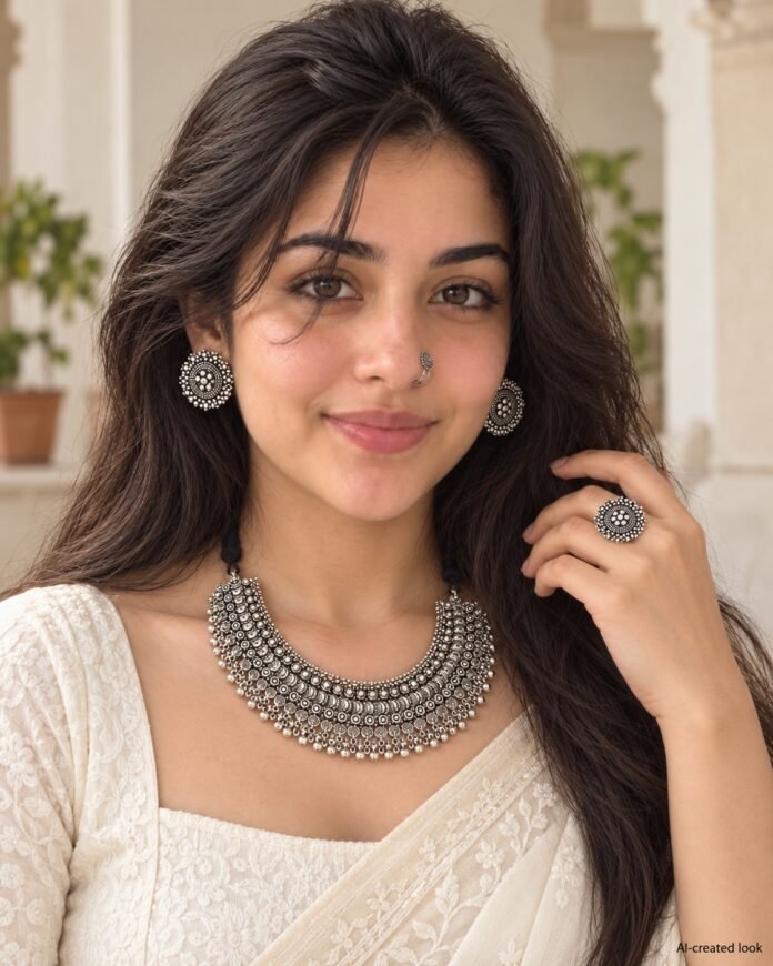 AI-created Maya main view: Silver oxidised crescent-shaped necklace with the exact circular floral plate pattern, matching circular stud earrings, ring and nose clip