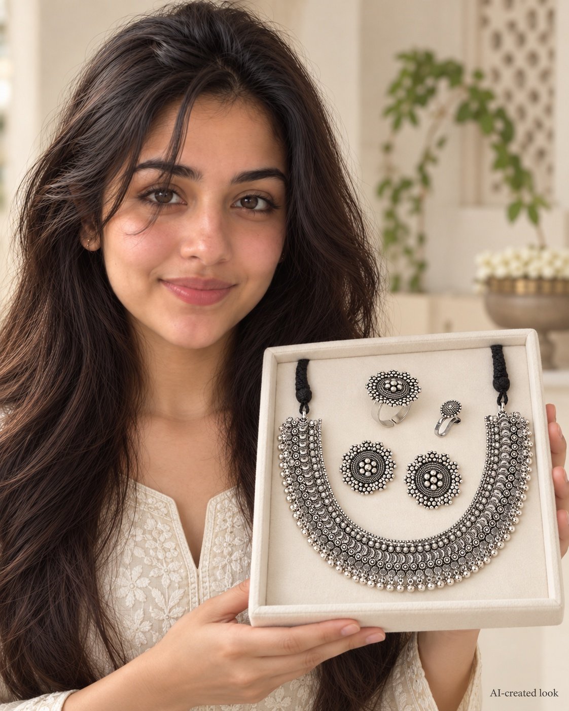 AI-created Maya showcase view: Silver oxidised crescent-shaped necklace with the exact circular floral plate pattern, matching circular stud earrings, ring and nose clip
