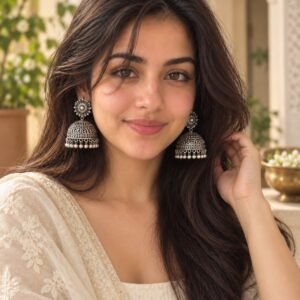 AI-created Maya styling inspiration: YouBella large oxidised silver-tone jhumki earrings