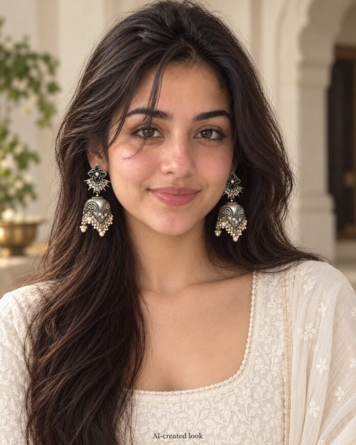 AI-created Maya main view: Silver/black earrings with diamond-shaped black ornamented studs, angular patterned domes and the exact dangling fringe