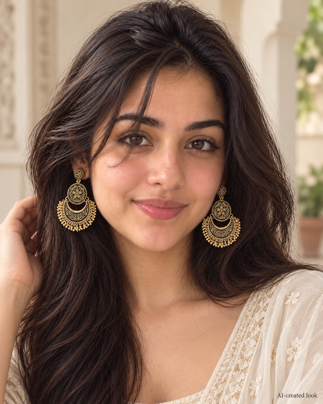 AI-created Maya detail view: Gold-tone circular floral disc and large horseshoe/crescent chandbali danglers with gold fringe
