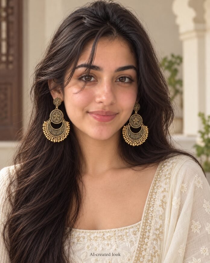 AI-created Maya main view: Gold-tone circular floral disc and large horseshoe/crescent chandbali danglers with gold fringe