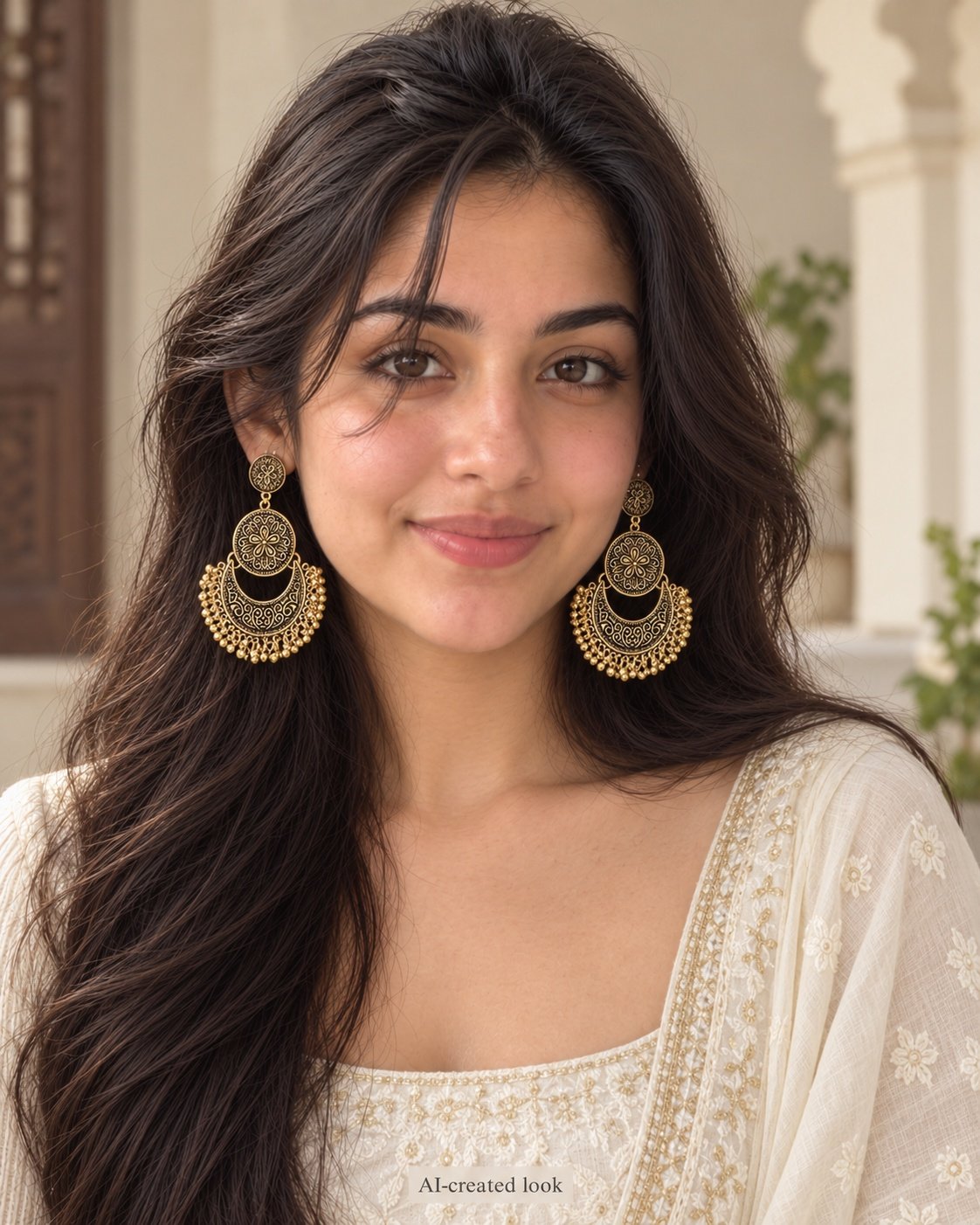 AI-created Maya main view: Gold-tone circular floral disc and large horseshoe/crescent chandbali danglers with gold fringe