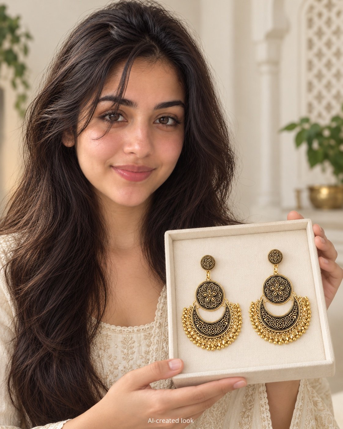 AI-created Maya showcase view: Gold-tone circular floral disc and large horseshoe/crescent chandbali danglers with gold fringe