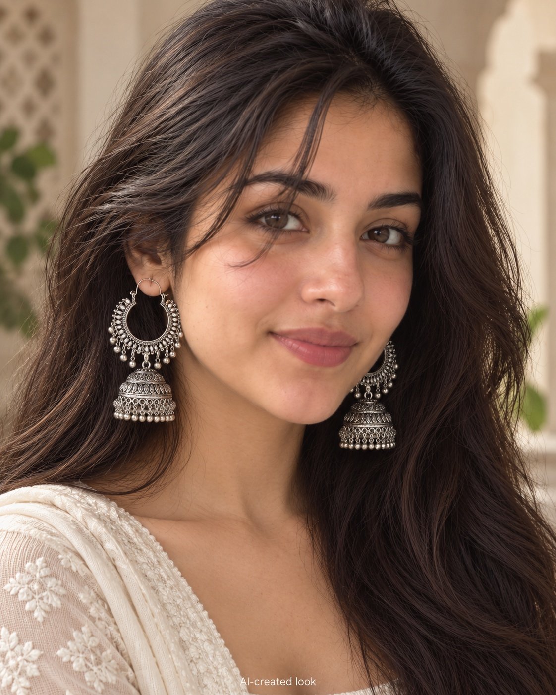 AI-created Maya detail view: Large open circular hoop-and-jhumka silver earrings with the actual outer bead pattern and tiered dome below