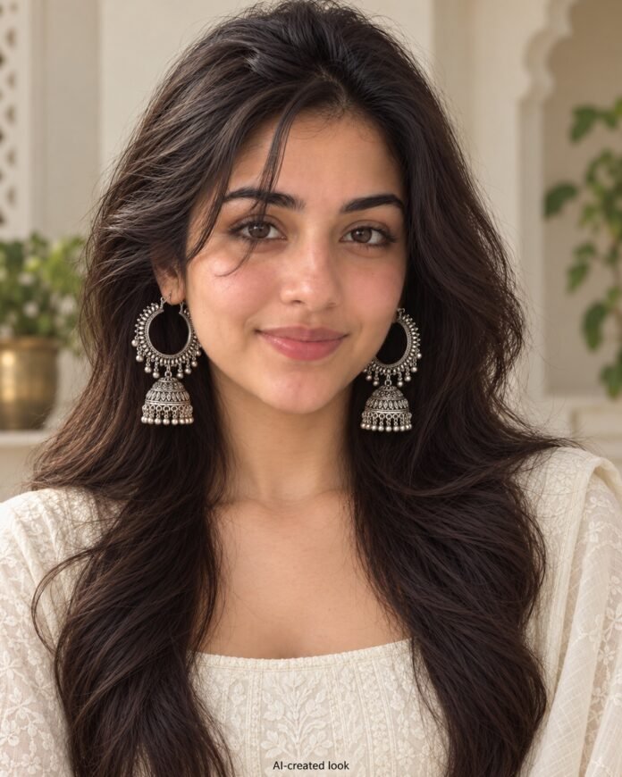 AI-created Maya main view: Large open circular hoop-and-jhumka silver earrings with the actual outer bead pattern and tiered dome below