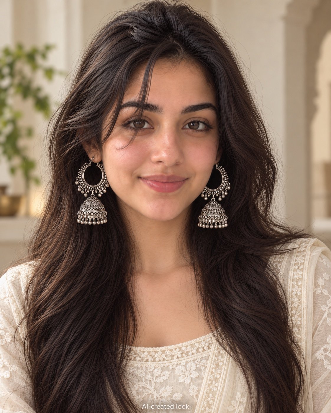 AI-created Maya showcase view: Large open circular hoop-and-jhumka silver earrings with the actual outer bead pattern and tiered dome below