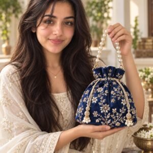 AI-created Maya styling inspiration: Blue embroidered pearl-handle single potli handbag