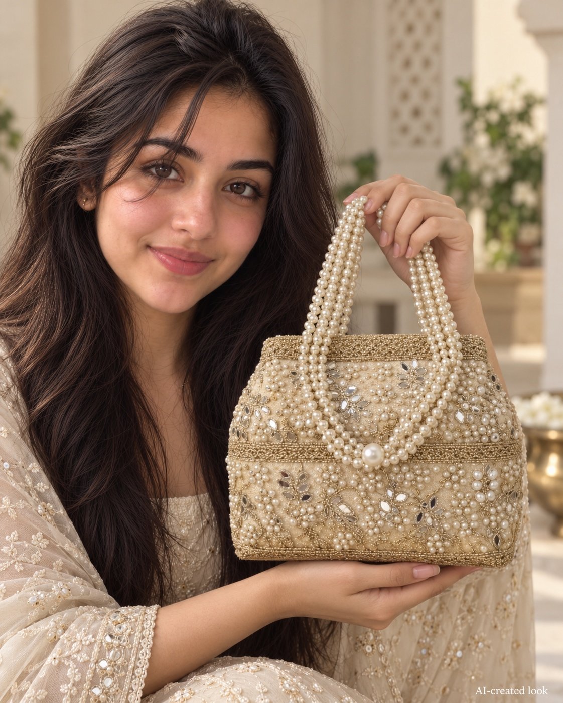 AI-created Maya detail view: Structured golden rectangular pearl/mirror-work bag with four parallel lines in its pearl handles