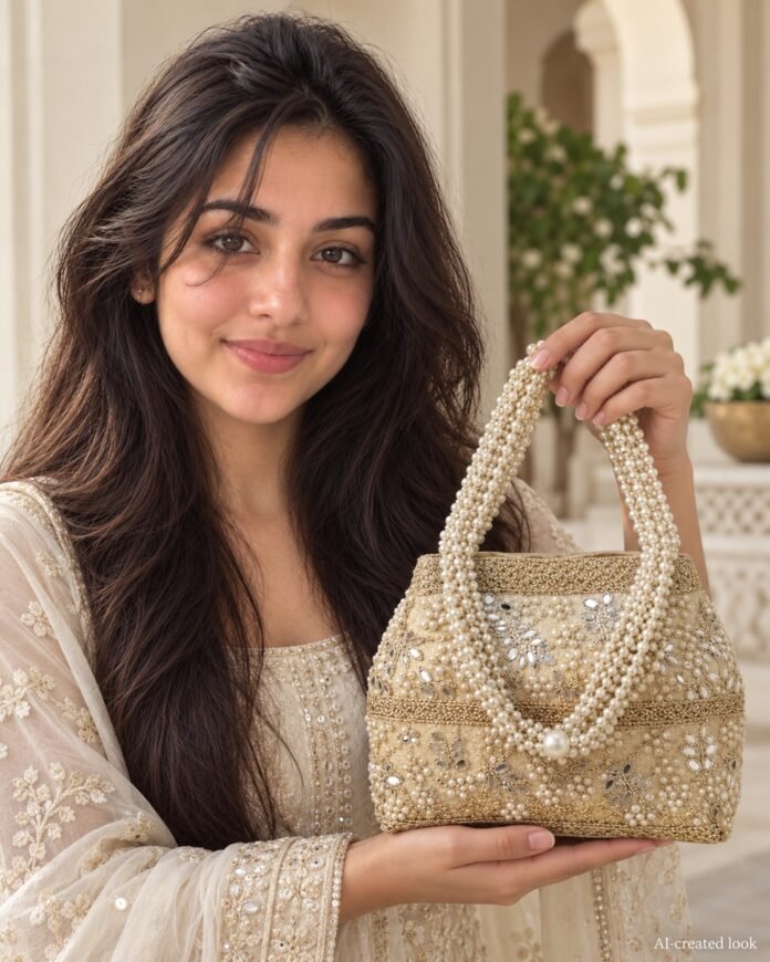 AI-created Maya main view: Structured golden rectangular pearl/mirror-work bag with four parallel lines in its pearl handles