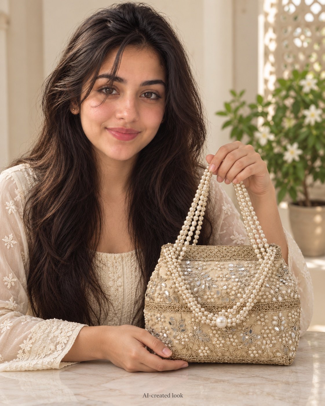 AI-created Maya showcase view: Structured golden rectangular pearl/mirror-work bag with four parallel lines in its pearl handles