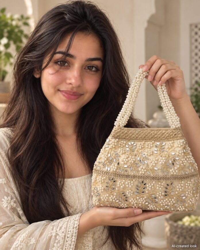 AI-created Maya main view: Structured golden pearl/mirror-work bag with its exact pearl handle strands and ornament layout