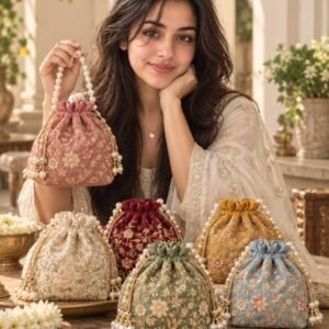 AI-created Maya styling inspiration: Embroidered pearl-handle designer potli combo set