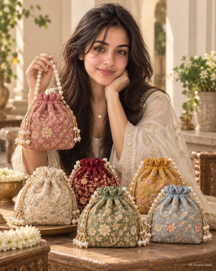 AI-created Maya styling inspiration: Embroidered pearl-handle designer potli combo set