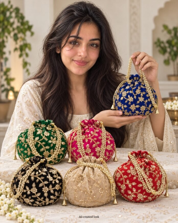 AI-created Maya main view: The six actual drawstring potlis, in the reference colours and floral embroidery, with their original gold cords/handles